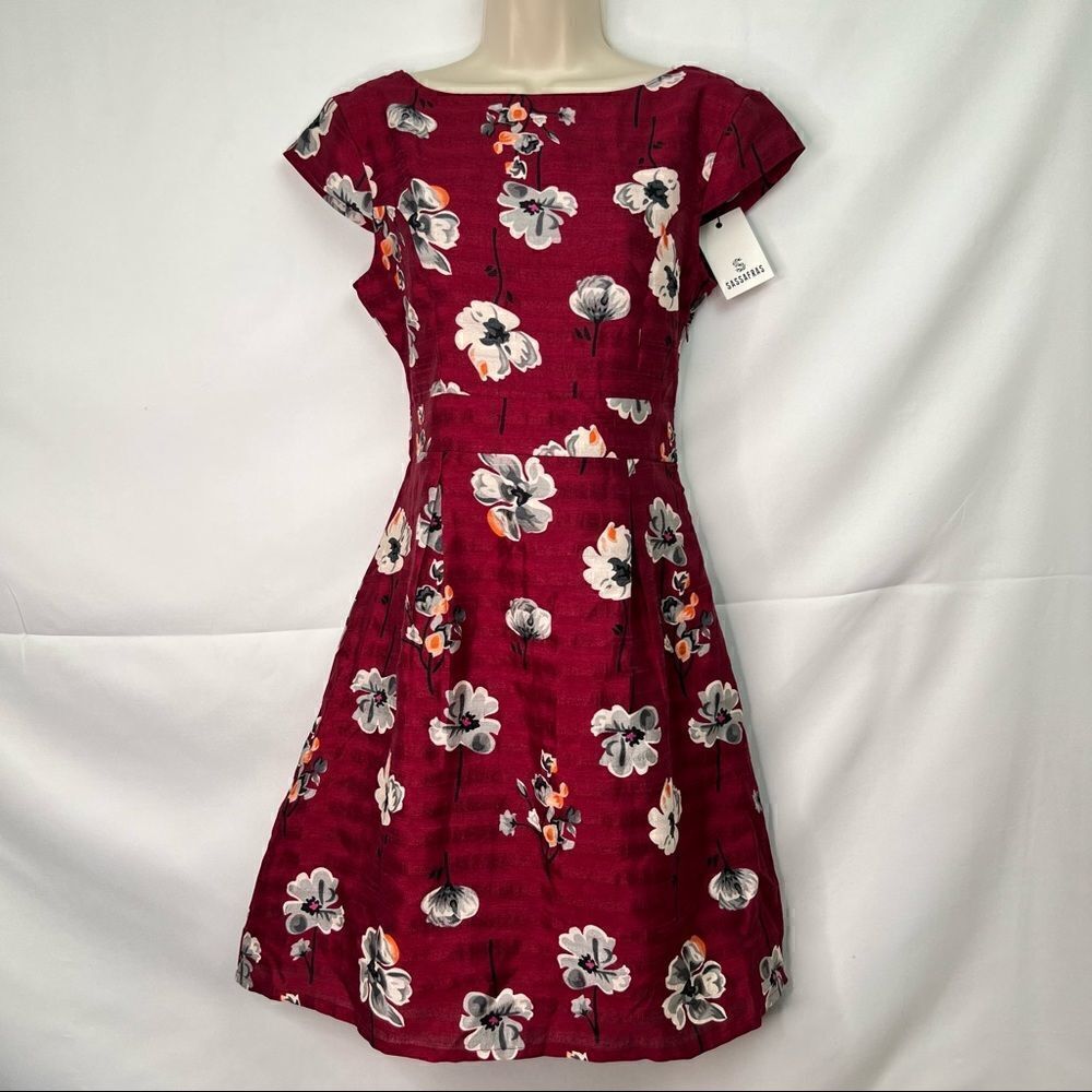 Sassafras Burgundy Floral Silk Skater dress Brand New